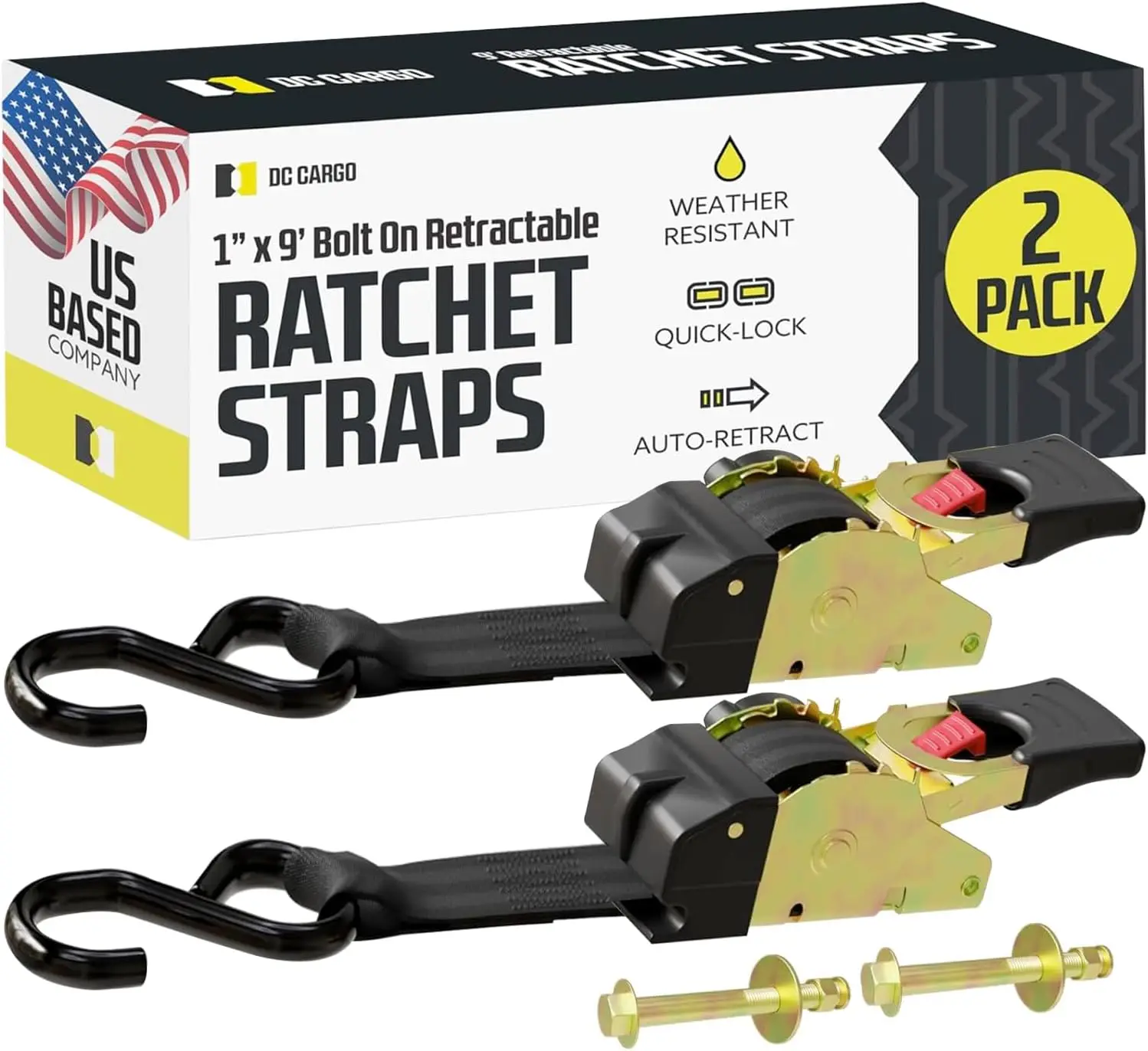 

Auto Retractable Ratchet Straps (2-Pack) 1” x 9ft, Heavy Duty, 1209lb Break Strength for Boat, ATV