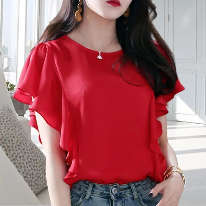 Women\'s Fashion Clothes Butterfly Sleeve Ruffles Patchwork Casual O-Neck Chiffon Blouses 2023 Summer Oversize Solid Basics Shirt