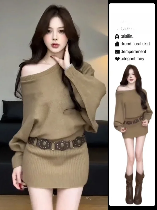 

Новинка 2026: Корейское вязаное платье с длинным рукавом, женское, с высокой талией, А-силуэт, теплая внутренняя одежда, облегающее платье-свитер