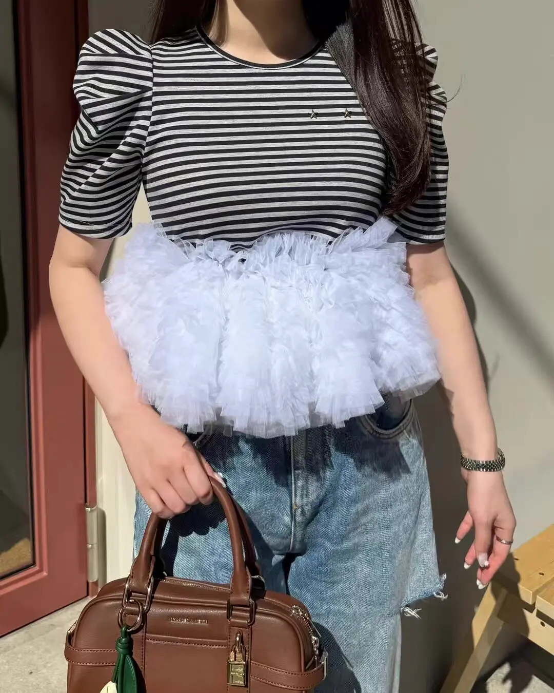 Sweet Cropped Blouse Women Black White Striped Exaggerated Puff Short Sleeve Round Neck Fluffy White Tulle Ruffle Peplum Hem Top