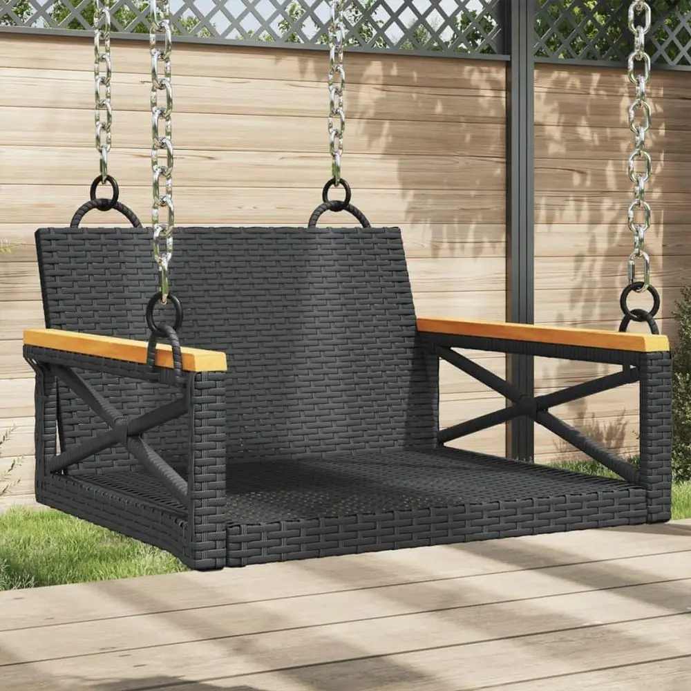 Outdoor 1-Person Swing Chair: Black Rattan, Steel Frame, Acacia Wood, Weather-Resistant Patio Lounge