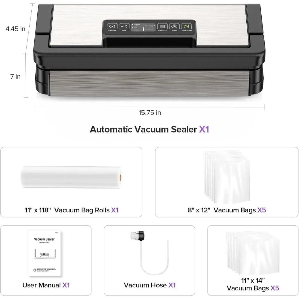 ماكينة غلق أكياس الطعام الأوتوماتيكية بالكامل مع وظائف 10 في 1، مدمجة في القاطع وتخزين الأكياس، تتضمن لفة واحدة و10 قطع #2