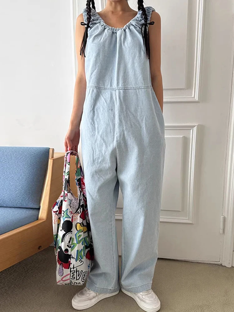 ฤดูร้อนใหม่ Chic หลวมสบายๆขากว้าง Denim Rer ยาวกางเกงผู้หญิง V-Ne Vintage พับเอวสูงกางเกงยีนส์สีฟ้า One ชิ้น