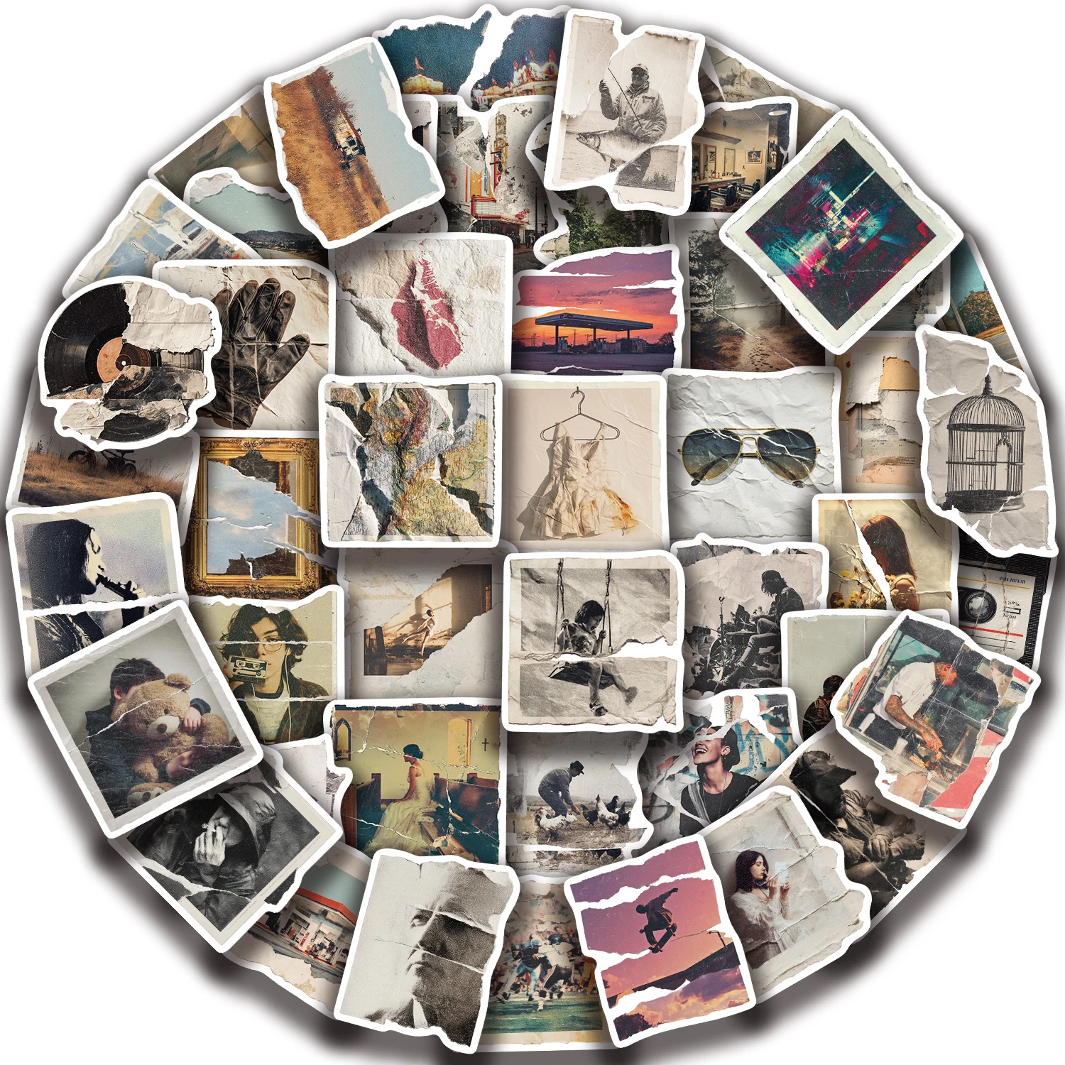 50Pcs Torn Photos Aesthetics Stickers Phone Case Skateboard Motorcycle Sticker Retro European Style Waterproof Decals