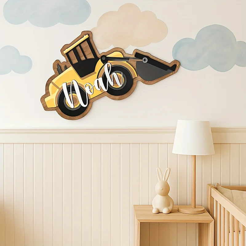 شعار خشبي مخصص/اسم - ديكور جدار غرفة الطفل تحت عنوان جرافة مع لوحة اسم مخصصة (سهلة التركيب)