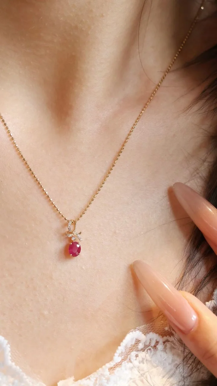 Certificated 18K Solid Real Gold Natural Ruby Sapphire Real Diamond Pendant Minimalism Hollow Bowknot Locket Bespoke High Jewel