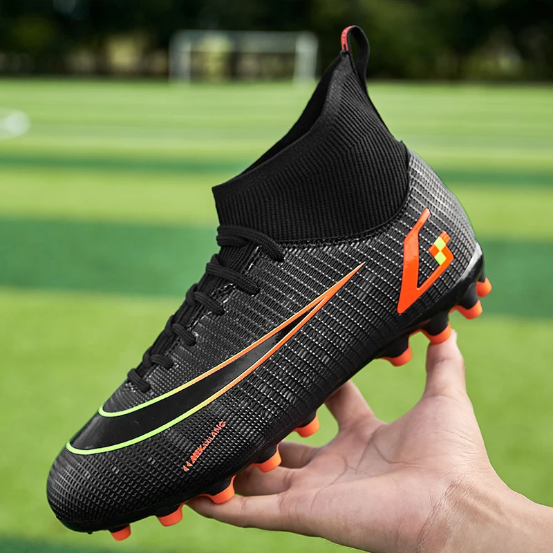 

High-top Men's Soccer Shoes Outdoor Football Boots Turf Futsal Soccer Cleats Boys Anti Slip Football Training Sneakers Black