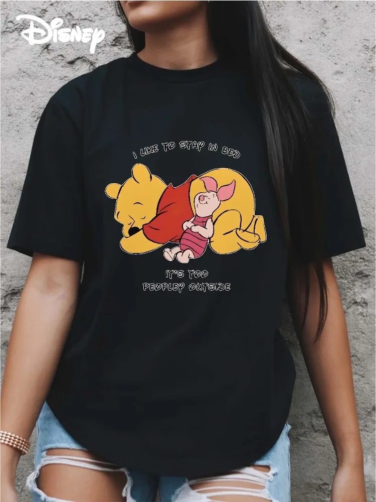 Camiseta de mujer con estampado de Winnie de Disney The Pooh y Piglet, me encanta permanecer en la cama, es demasiado ruidoso en el exterior, linda, pantalón corto informal de manga