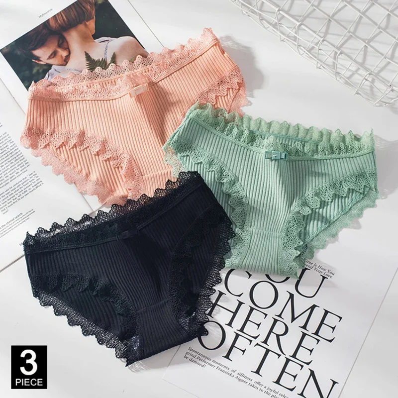 

Cotton Panties Woman Sexy Lace Briefs Fashion Solid Color Knickers Girls Bow Underpants Set Underwear 3 Pcs/lot