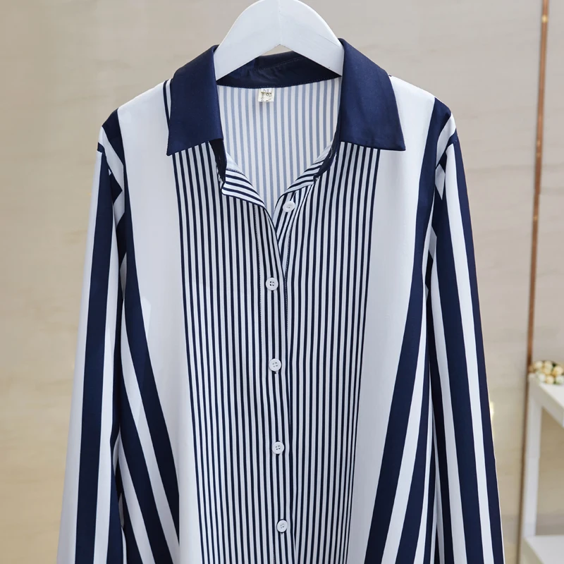 Chiffon Blouse Women Stripe Long Sleeve Shirts for Women 2024 New Elegant Button Up Shirt Womens Tops OL Vintage Female Clothing