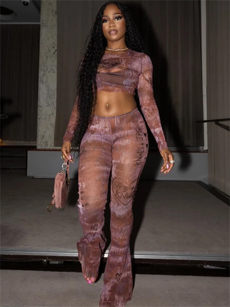 Strano gatto moda stampa sexy vedere attraverso set da 2 pezzi donna o-collo manica intera crop top + pantaloni svasati dritti hottie streetwear