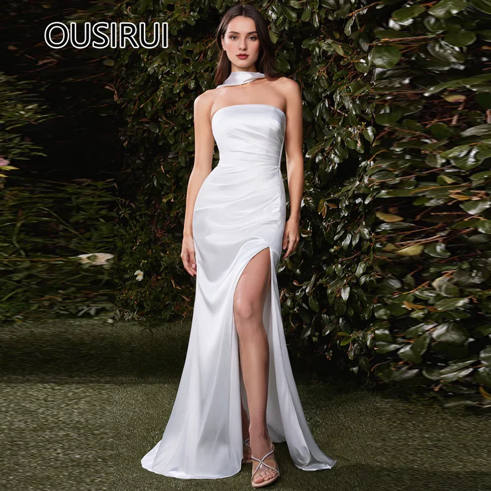 

Classic Boat Collar Satin Solid Sheath Formal Evening Dress Side Split Court Evening Prom Gown Backless Custom Made