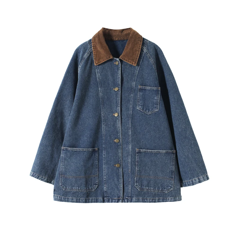 

Вельветовая рабочая одежда Jaet с отложным воротником на одной пуговице, повседневное свободное женское пальто из джинсовой ткани