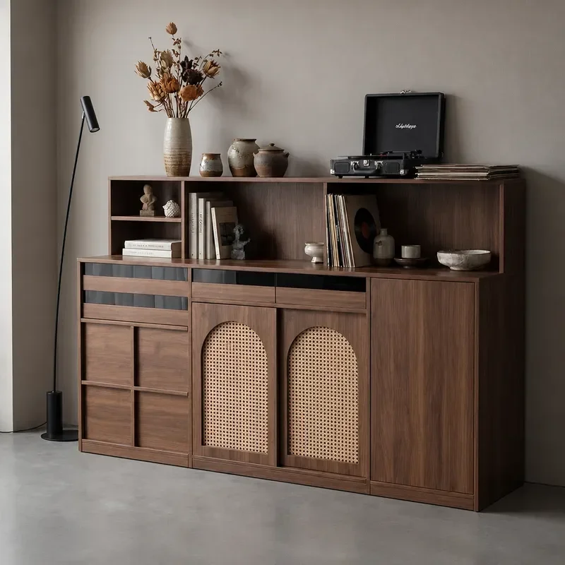 Medieval Style Dining Side Cabinet Wall Mounted Tea Storage Rattan Chest with Sliding Door Multi Functional Locker for Home