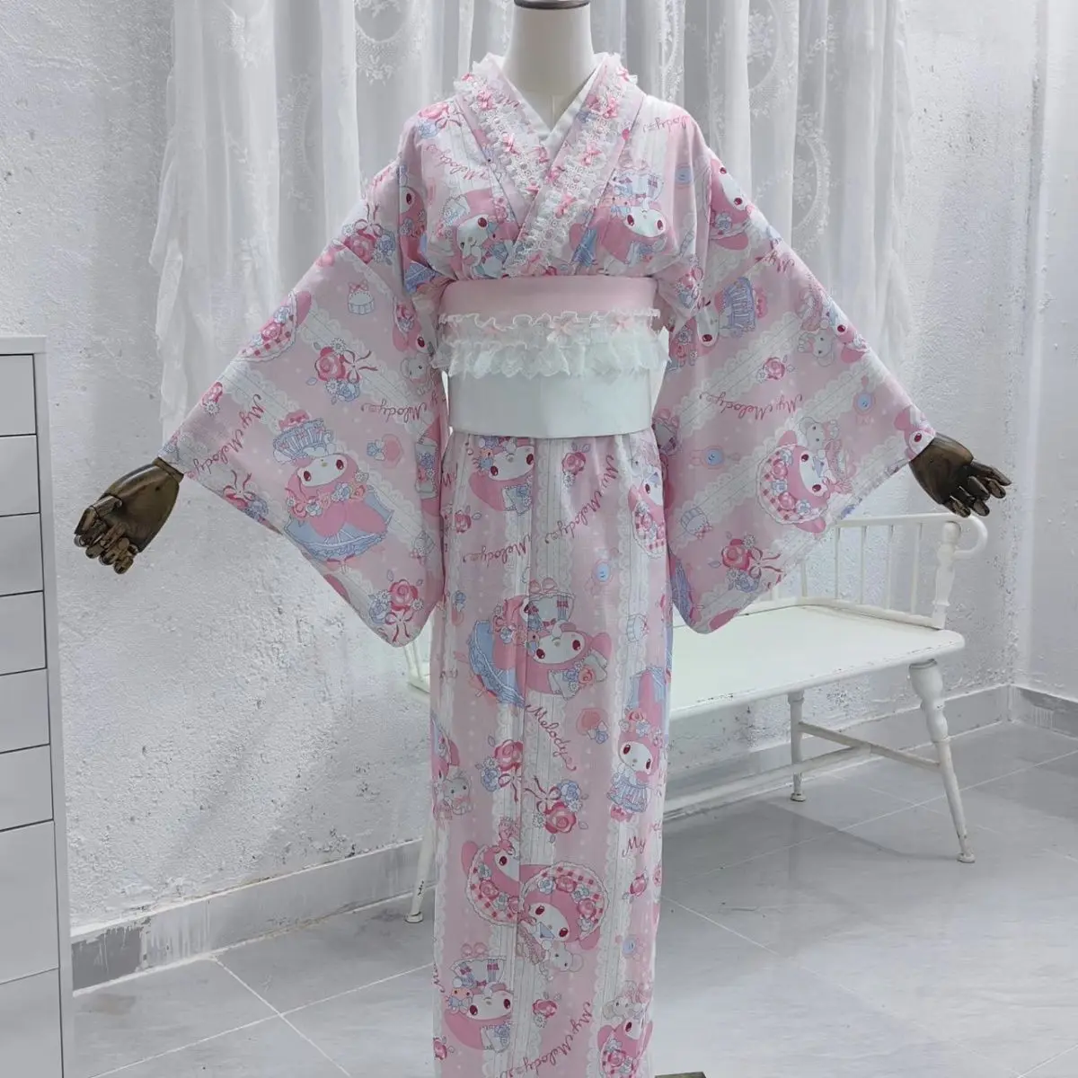 

Sanrio My Melody Japanese Lolita Kimono Yukata Long Dress 2025 Anime Costume with Belt & Ribbon Birthday Gift