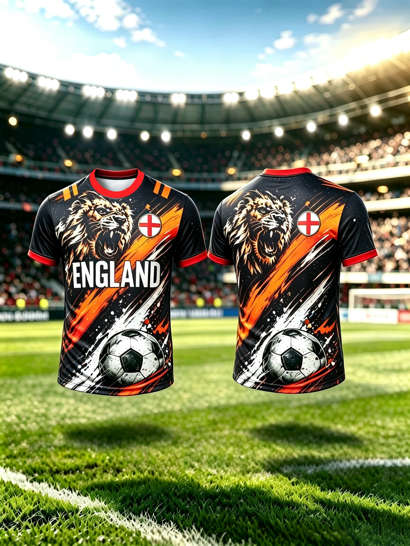 ENGLAND Lion Ink Print Football Shirt Men's Round Neck Short Sleeve Fan T-shirt Creative Sports Shirt
