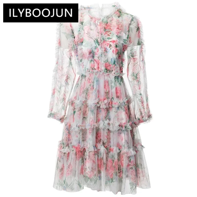 

ILYBOOJUN Fashion Women's New Vintage Mesh Stand-Up Collar Long-Sleeved Tiered Flounced Edge Hollow Out Short Gown Mini Dress