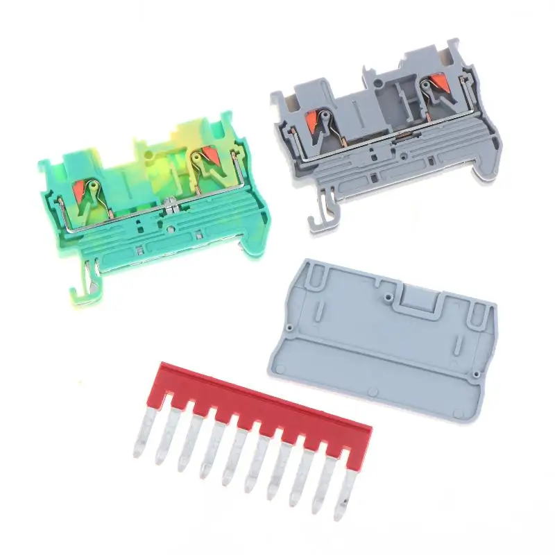 PT2.5 Tool Free Spring Terminal Blocks 5/10pcs Din Rail Mount With PE End Covers D FBS10 Jumper Bars Electrical Parts