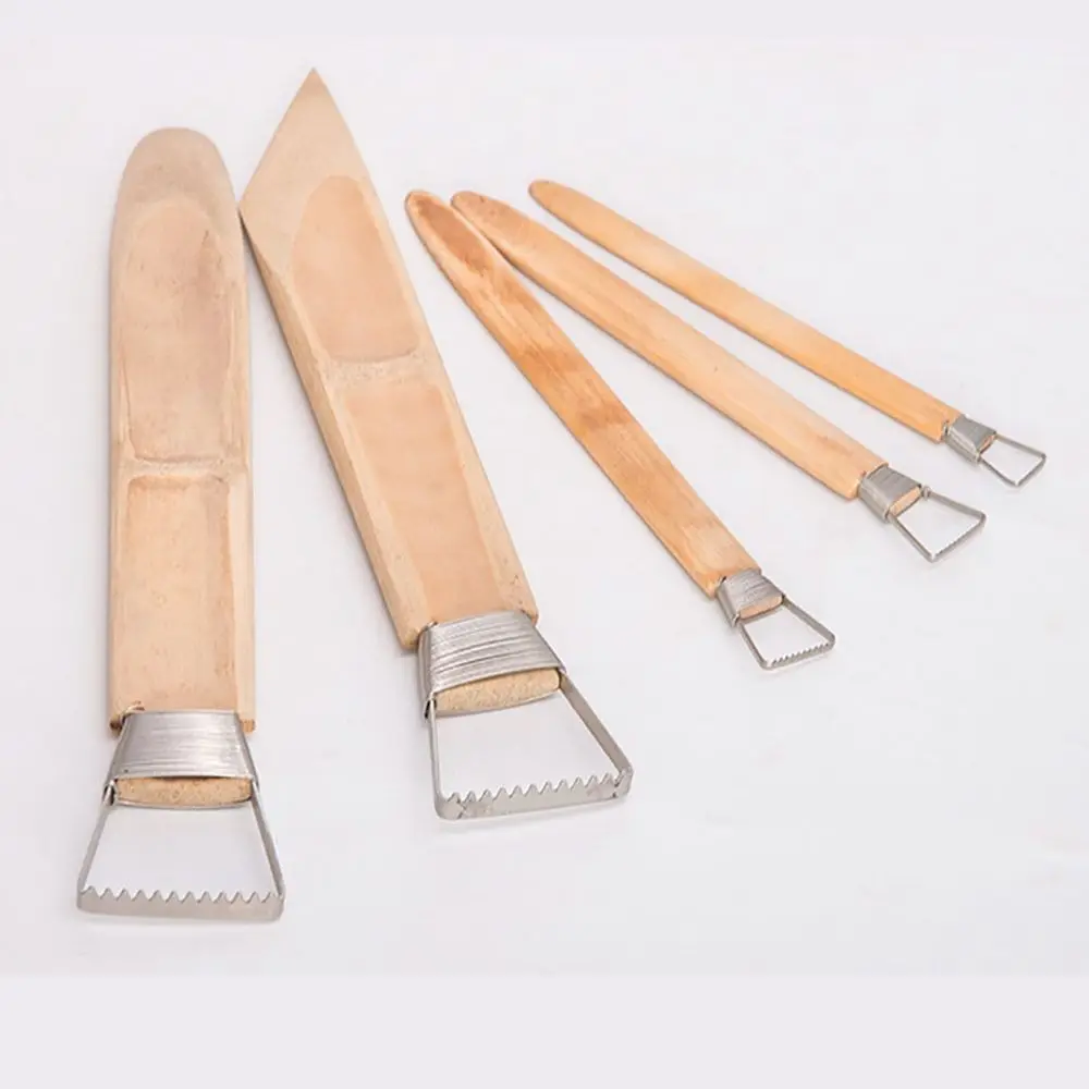 Portable Steel Clay Scraper Bamboo Handle Widen Sawtooth Paste Amending Tool 5 Sizes Pottery Tool