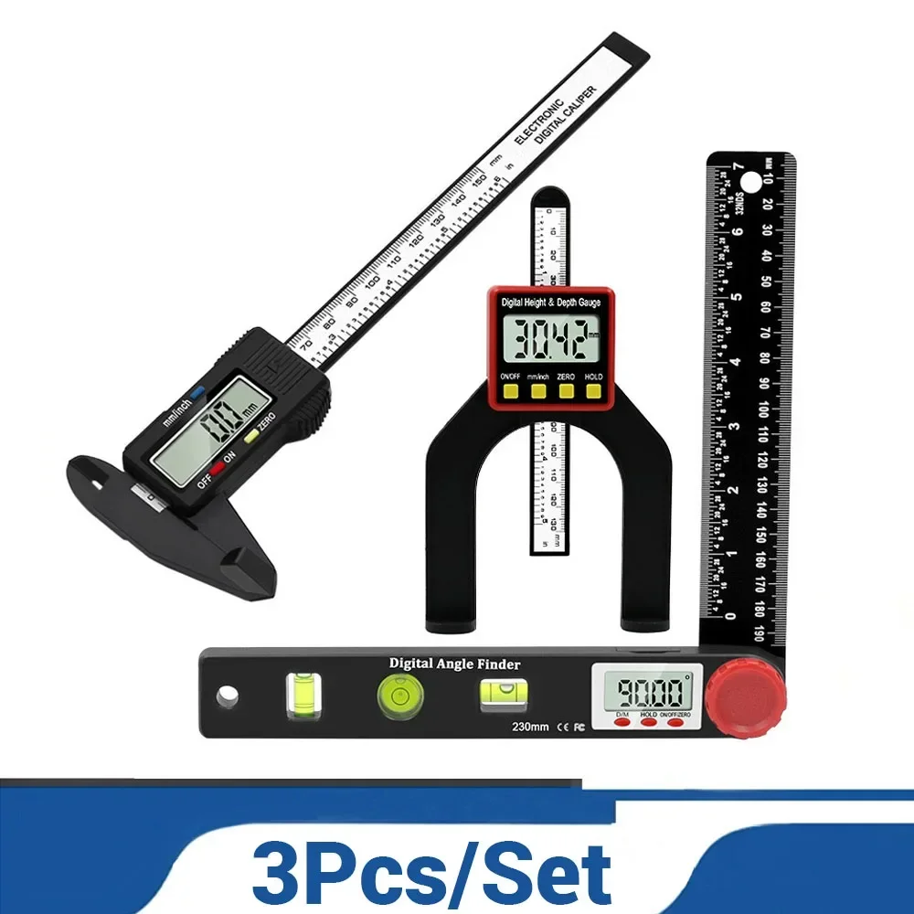 3Pcs/Set Digital Caliper Level and Angle Ruler Height Ruler Depth Ruler Multi-function Measuring Tool Woodworking Tools