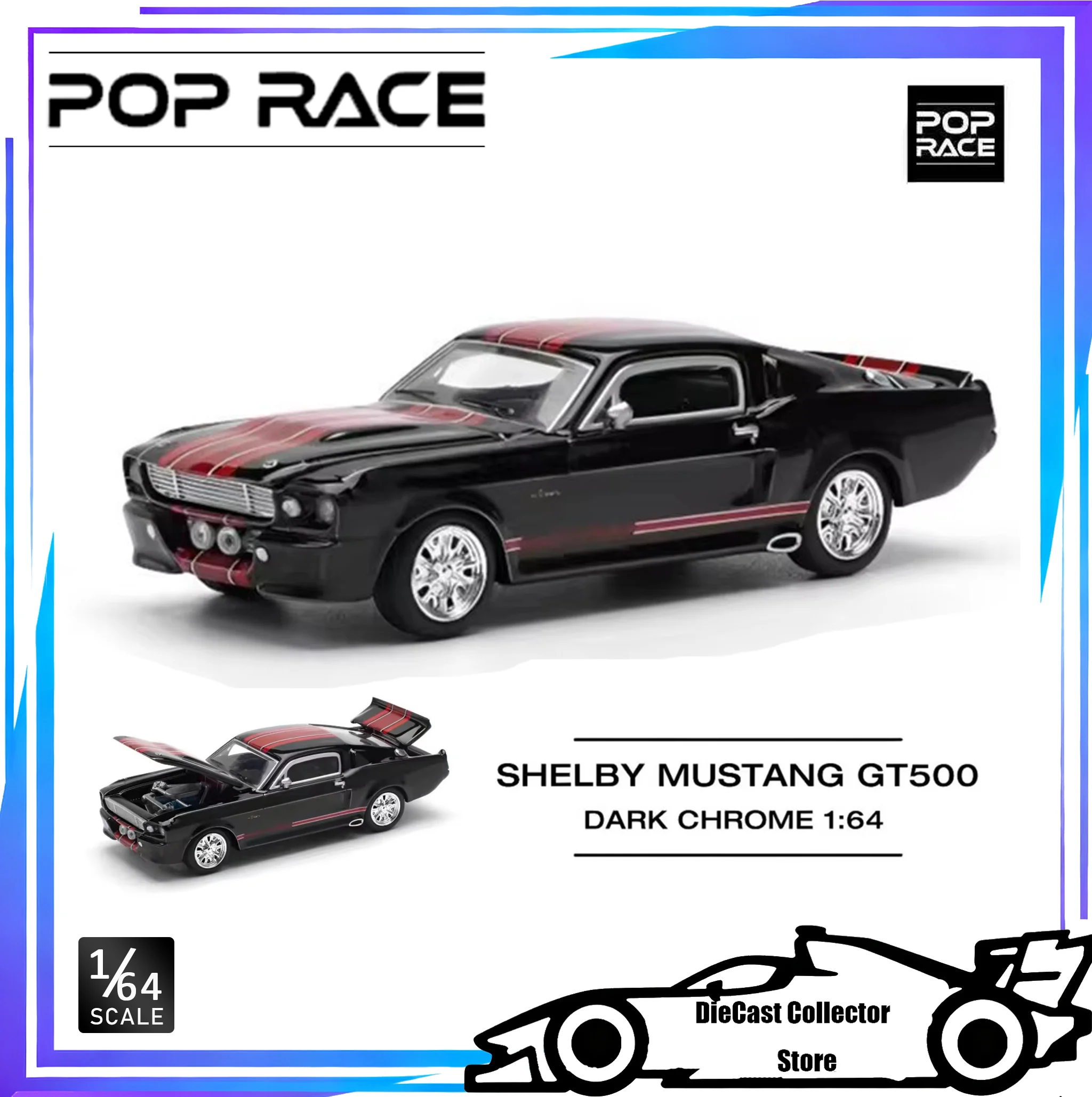 POP RACE 1/64 SHELBY MUSTANG GT500 DARK CHROME Model Mobil Alloy Hadiah Mainan