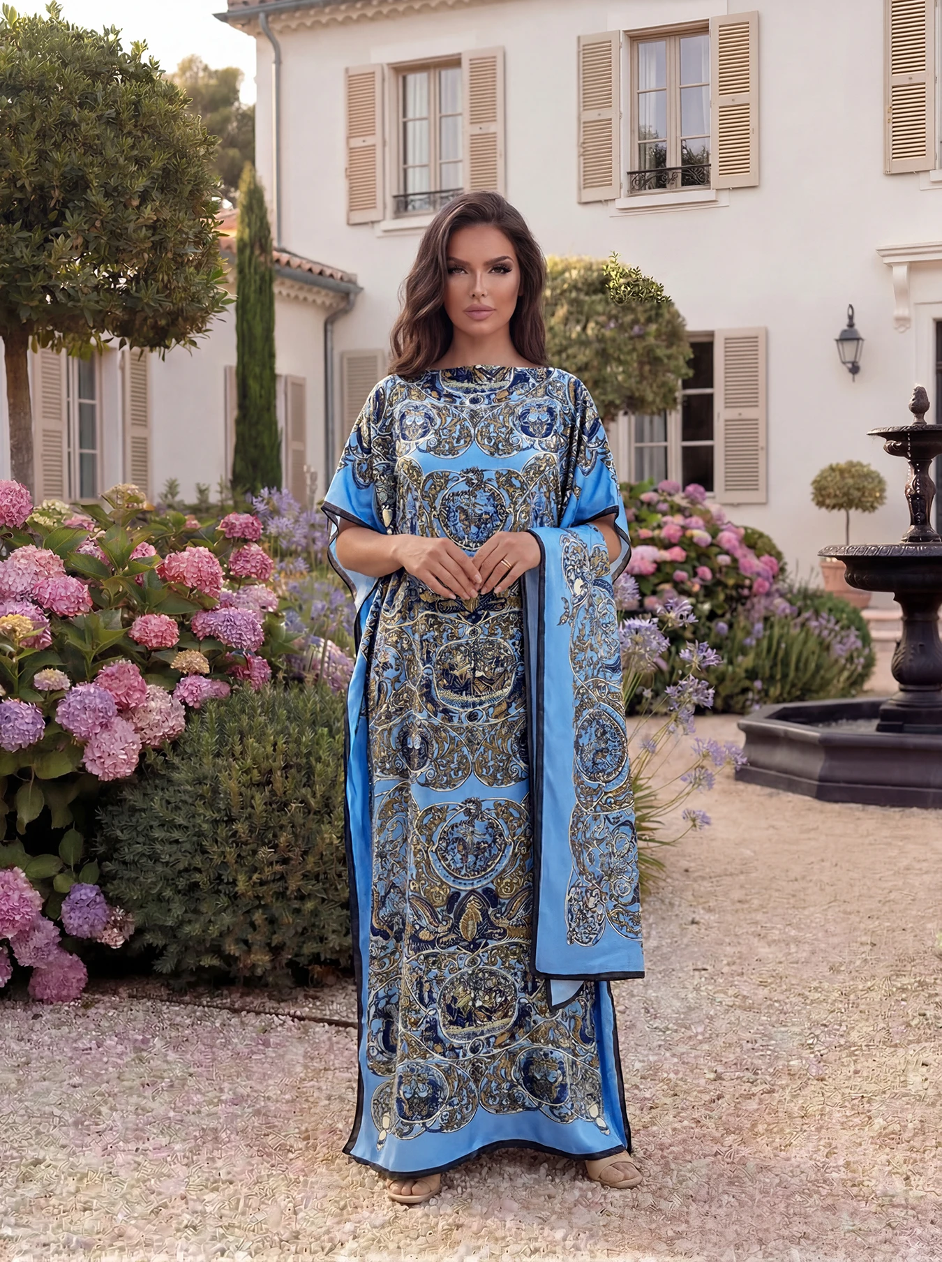 Vintage Baroque Animal Print Abaya With Scarf, Loose Maxi Kaftan For African Muslim Women Summer Beach Holiday Wear view 6