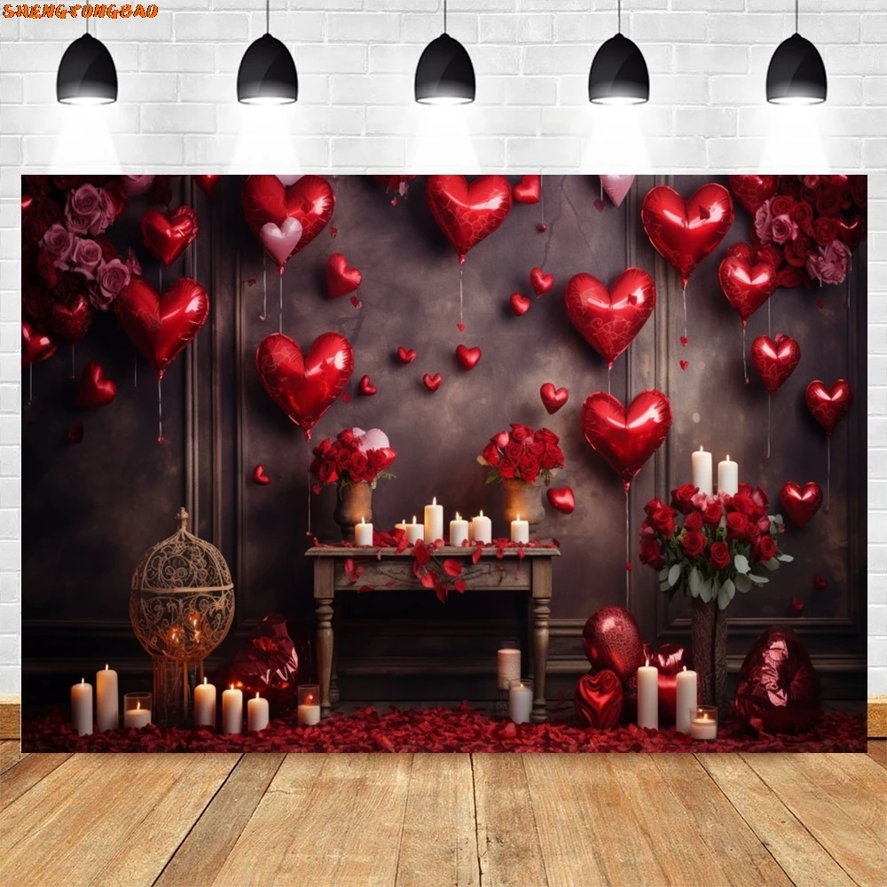 Toile de fond romantique de la journée de Léon, 14 février, scènes de Léon, coeur d'amour rouge, fond de photographie de portrait de mariage floral