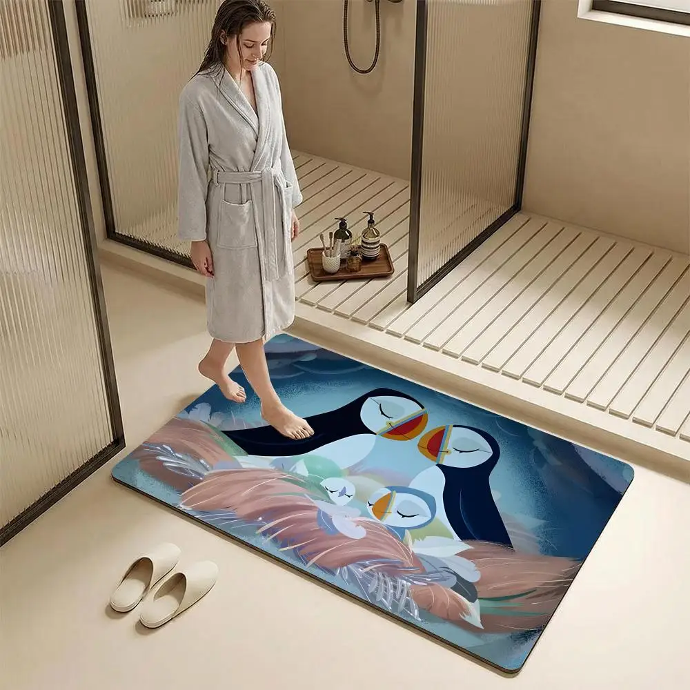 P-puffin Rock Animation Floor Mat Diatomite Bath Mat – Highly Absorbent, Non-Slip, Quick-Drying Bathroom Rug