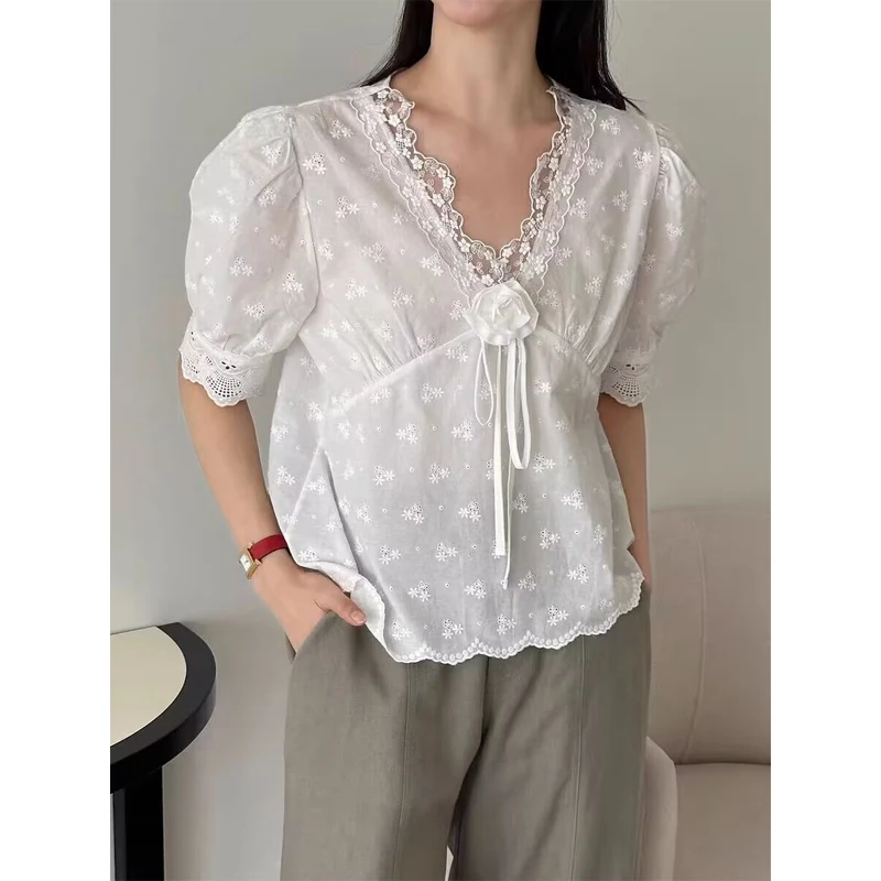Elegant V-Neck Short Sleeve Embroidered Lace Bubble Sleeve Shirt Women's French Style Loose Fit Summer New Arrival Top