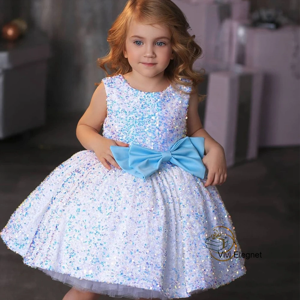 Vestidos de flores con tutú de lentejuelas a capas para niña, vestidos de fiesta de boda con escote redondo blanco, sin mangas, 2023