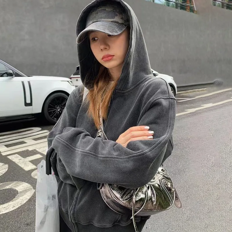 American Washed Zipper Hoodie Sweatshirts Women Spring Retro Do Old Loose Short Versatile Hooded Jacket for Girls Streetwear