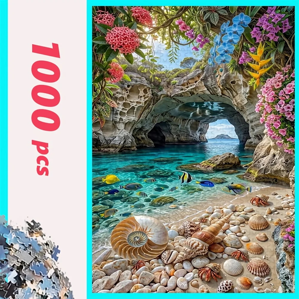 Colorful Art Jigsaw Puzzle, Christmas Fireplace Tree, Tropical Sea Cave Shells, Mountain River Cabin, Meadow Girl with Parasol