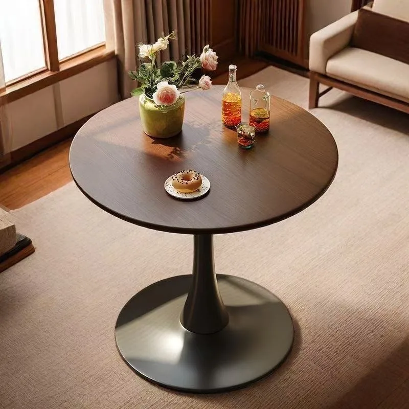 Solid Wood Round Table Thickened Carbon Steel Frame High Load Bearing Sofa Tables Nordic Italian Vintage Dining Room Furniture