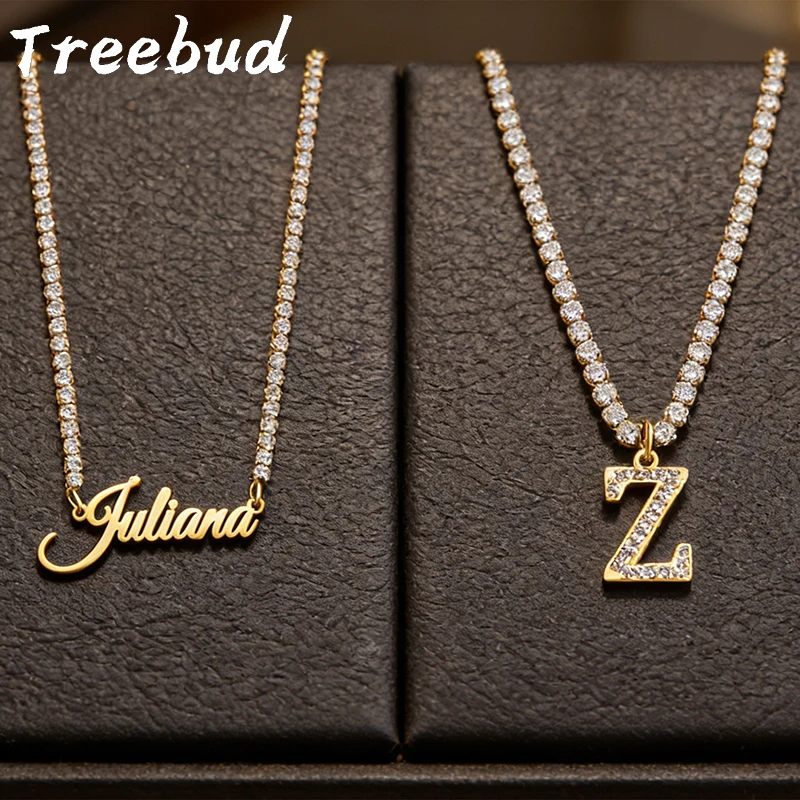 

Treebud Custom Name Necklace Zircon Iced Out Chain Personalized Letter Chain Stainless Steel Choker Jewelry Gift for Women Girls