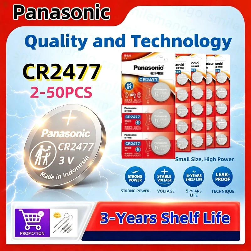 Paquete a Granel de Baterías de Litio Panasonic CR2477 de 3V, 2-50 Unidades, Alta Energía, No Recargables, Tipo Botón, Amplia Compatibilidad con Medidores Digitales