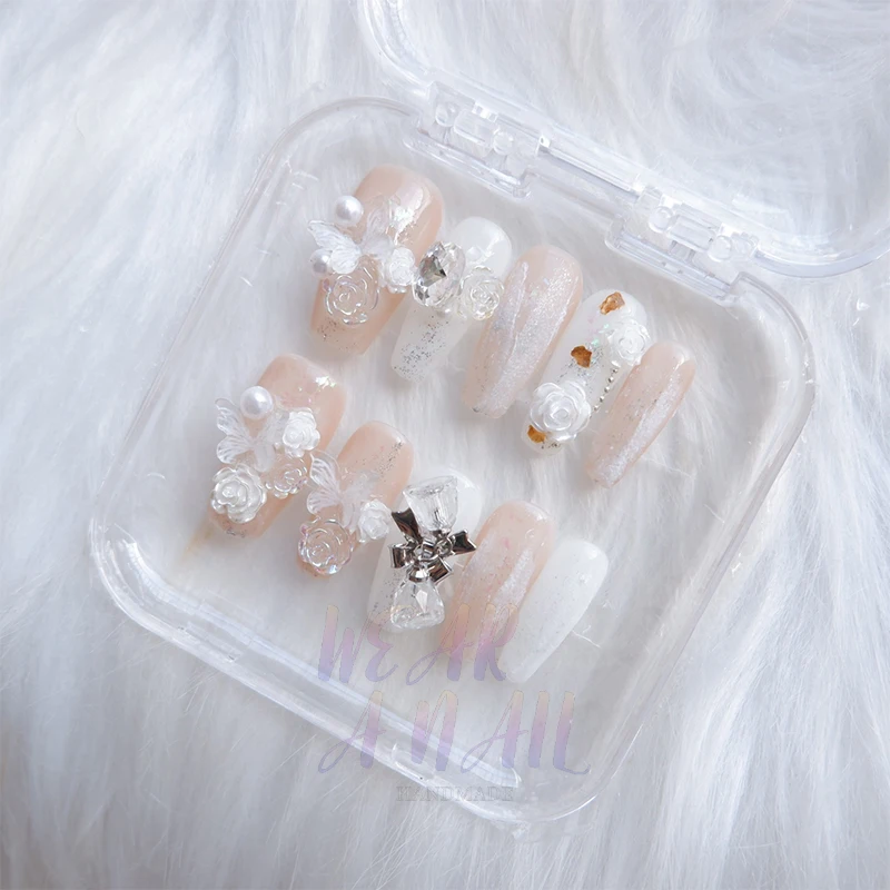 10pcs Handmade Press on Nails White Plaster Design Wearable Fake Nail Reusable 3D Butterfly Decor Artificial Art Nail Tips