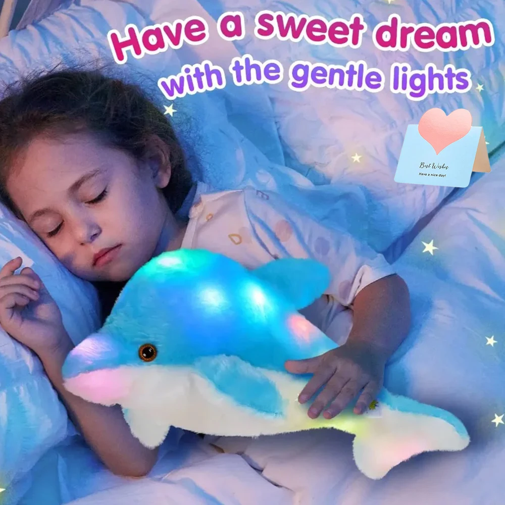 18in Soft Blue Dolphin Plush Toy Throw Pillows Gift for Girls Kids Cute Soft PP Cotton Luminous Glowing Stuffed Animals Sleeping