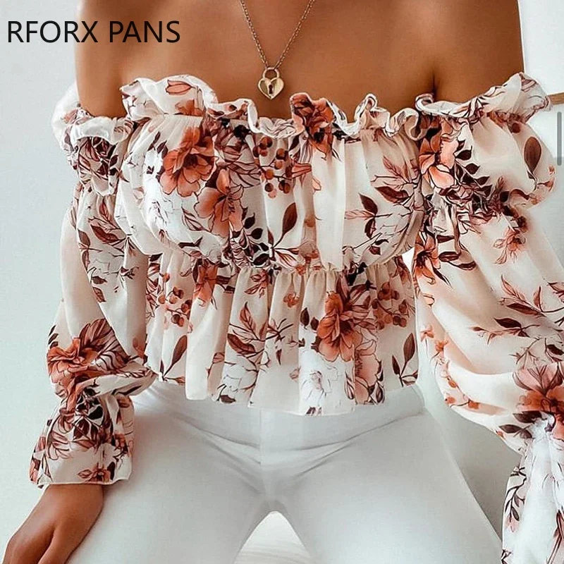 Women Lace Off Shoulder Floral Print Frill Hem Ruched Top Blouse Womens Tops and Blouses