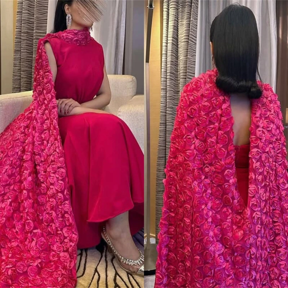 Customized Delicate pink Jersey Evening Dress Exquisite Crew Neck Sleeveless Shawl Party Dress Classic Zipper Back Prom Dress