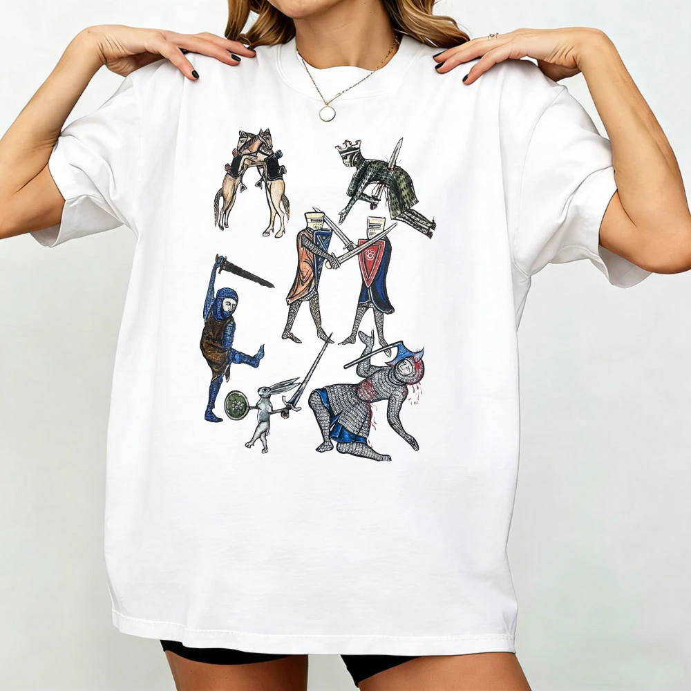 Weird Medieval Battle Shirt, Medieval Marginalia Short Sleeve T-shirt Medieval War Knight Graphic Print Women Clothes