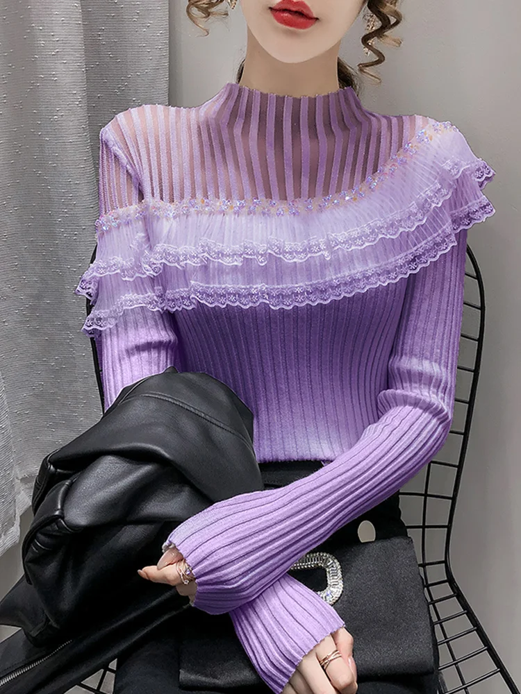 

Women Korean Fashion Ruffled Knitted Sweater Vintage High Neck Long Sleeve Female Pullovers Chic Patchwork Stitching Tops