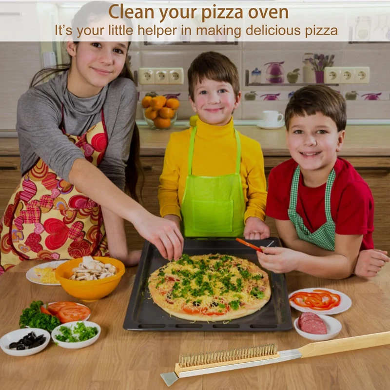 Pizza Oven Brush With Wooden Handle, Long Handle Pizza Brush And Removable Baking Hand Clip Set