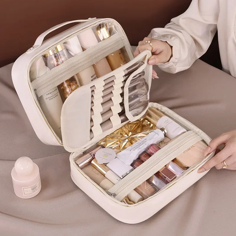 Makeup Bag PU Leather Double Layer Clear Cosmetic Bag Large Capacity Luxury Cosmetics Organizer Women\'s Travel Essentials