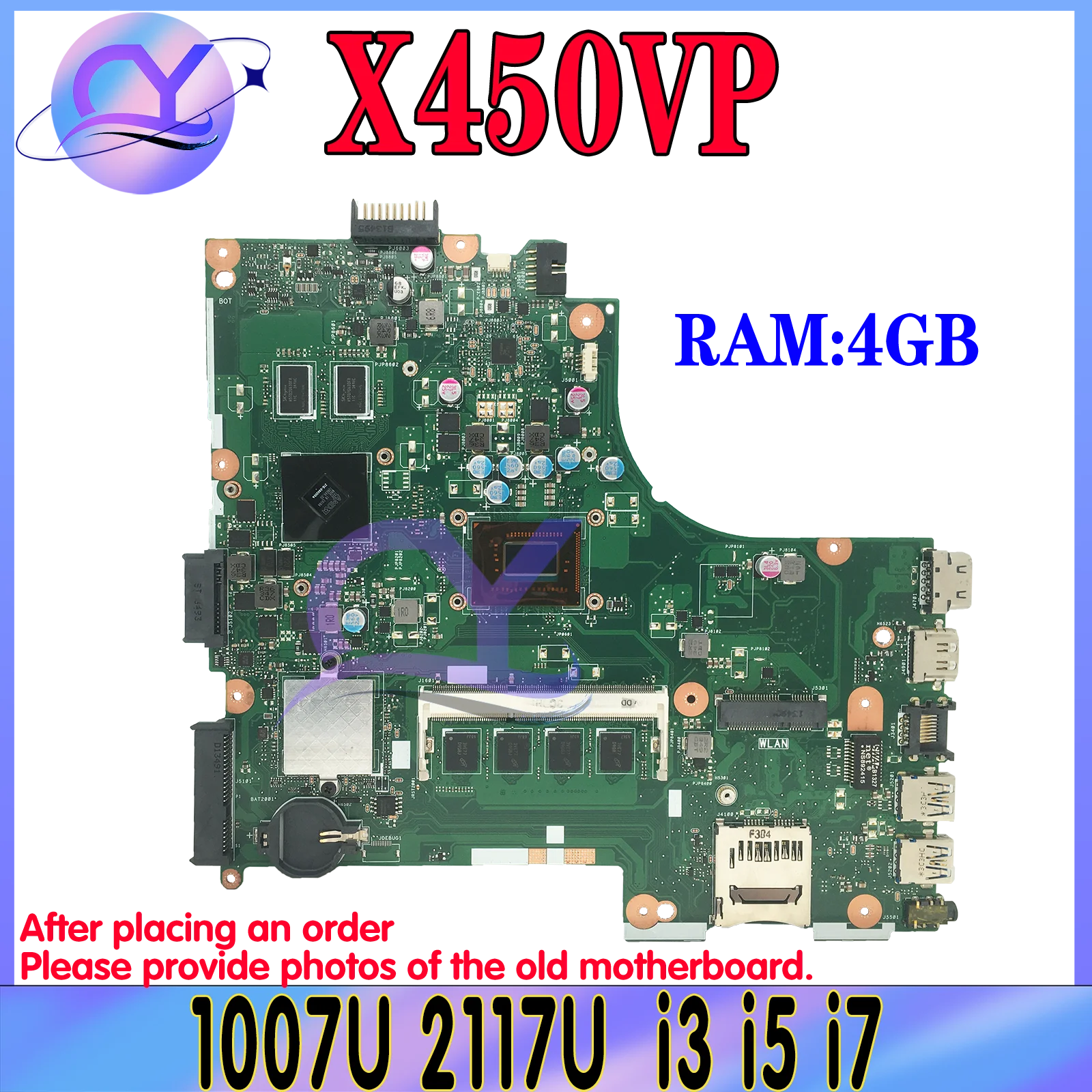 KEFU Mainboard For ASUS X450VP X450V X450CP D452VP VM400VP Laptop Motherboard 1007U/2117U i3 i5 i7 3th Gen 4GB/RAM V1G