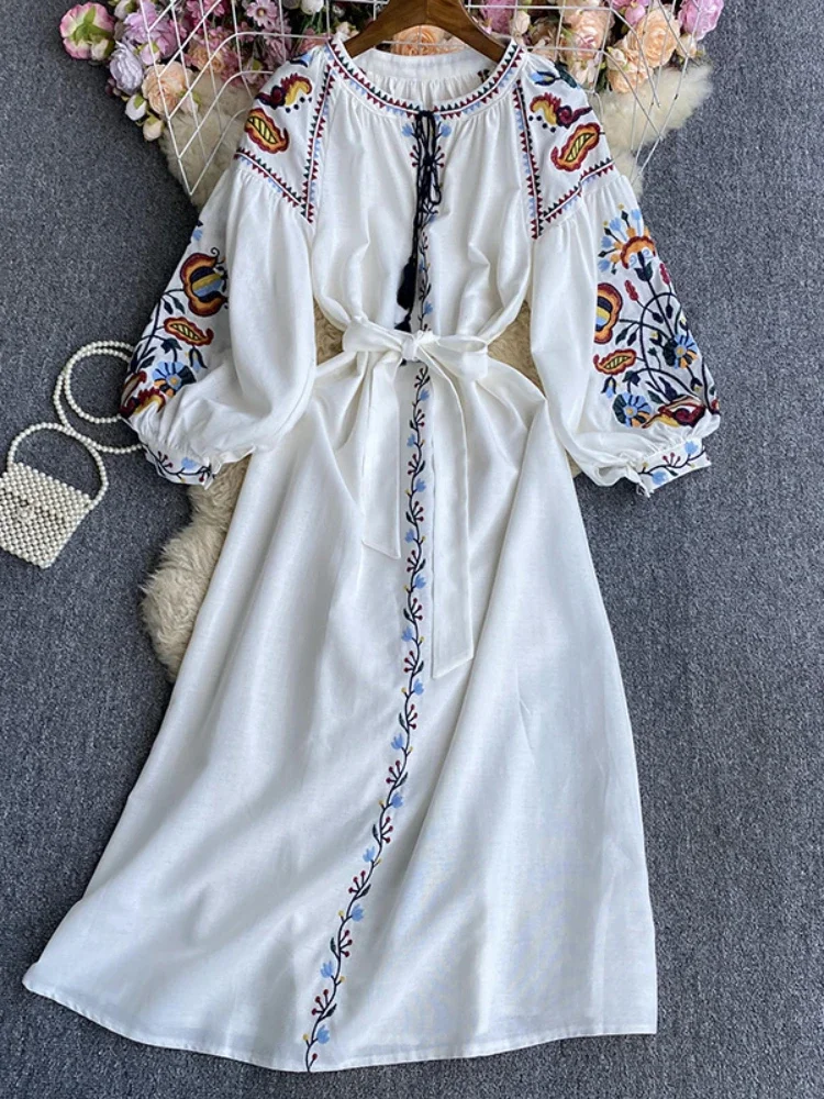 Spring Autumn Elegant Vintage Ethnic Style Loose Dress Women Round Neck Lantern Sleeves Party Slim A-line Cotton Hemp Robe