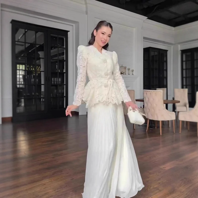 

Long sleeved waist cinched long skirt dress for women New noble and elegant temperament