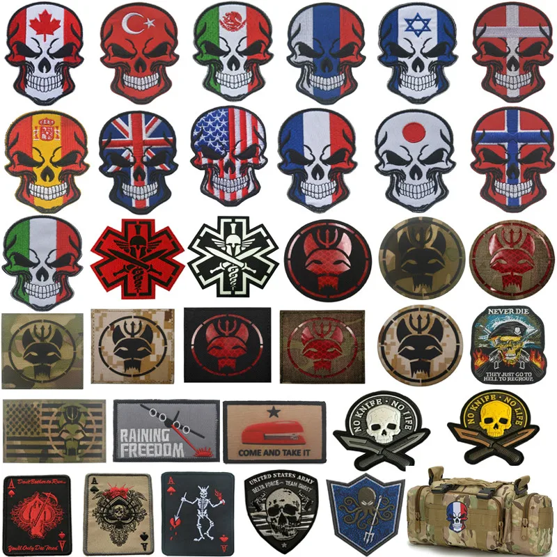 France Brazil Russia Spain Skull Badges Flag Reflective IR Infrared Patches Glow In Dark Military Tactical Embroidered Patches