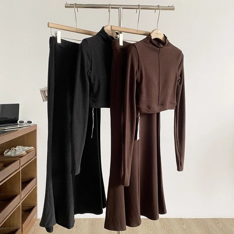 French style fashion high-end light luxury elegant solid color semi high neck T-shirt+hip hugging mid length fishtail skirt set