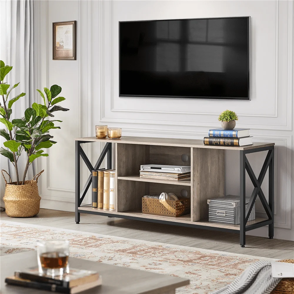 TV Stand With Storage for TVs Up to 65'' Distressed Gray Furniture Cabinet Table Supports Living Room TV Stands Home