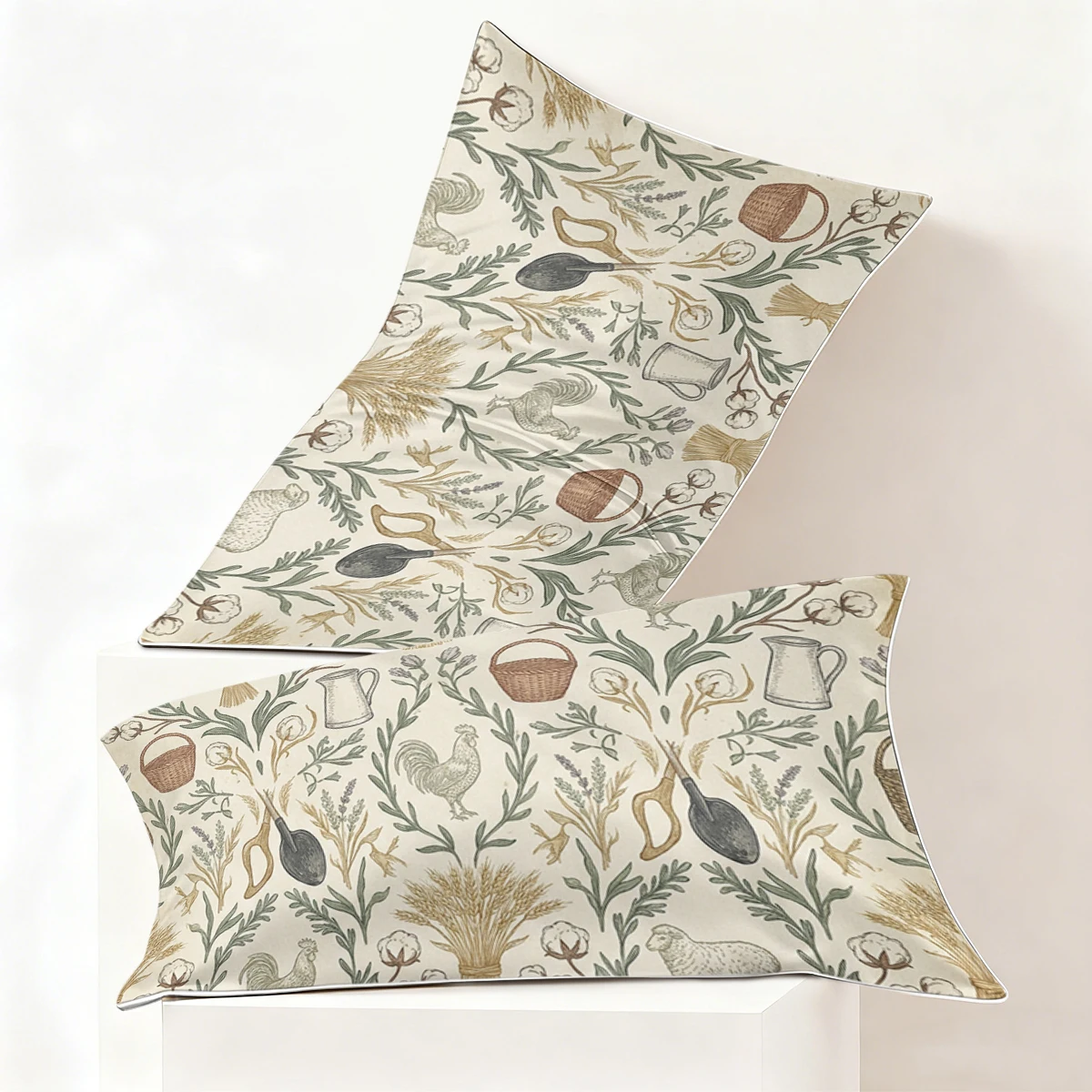 2PCS Vintage Farm Rooster Sheep Wheat Cotton Floral Print Satin Pillowcase Soft Silk Pillow Cover Envelope Closure Bedroom Decor